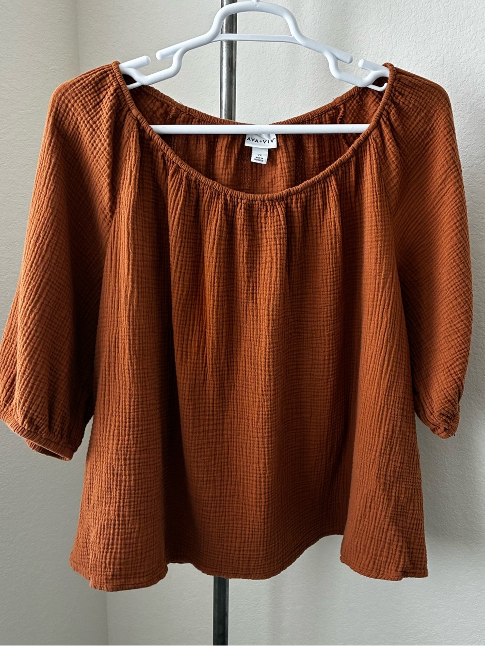 Ava & Viv sz 2x 100% Cotton Rust Brown Open Elastic Wide Neck Gauze Top Boho